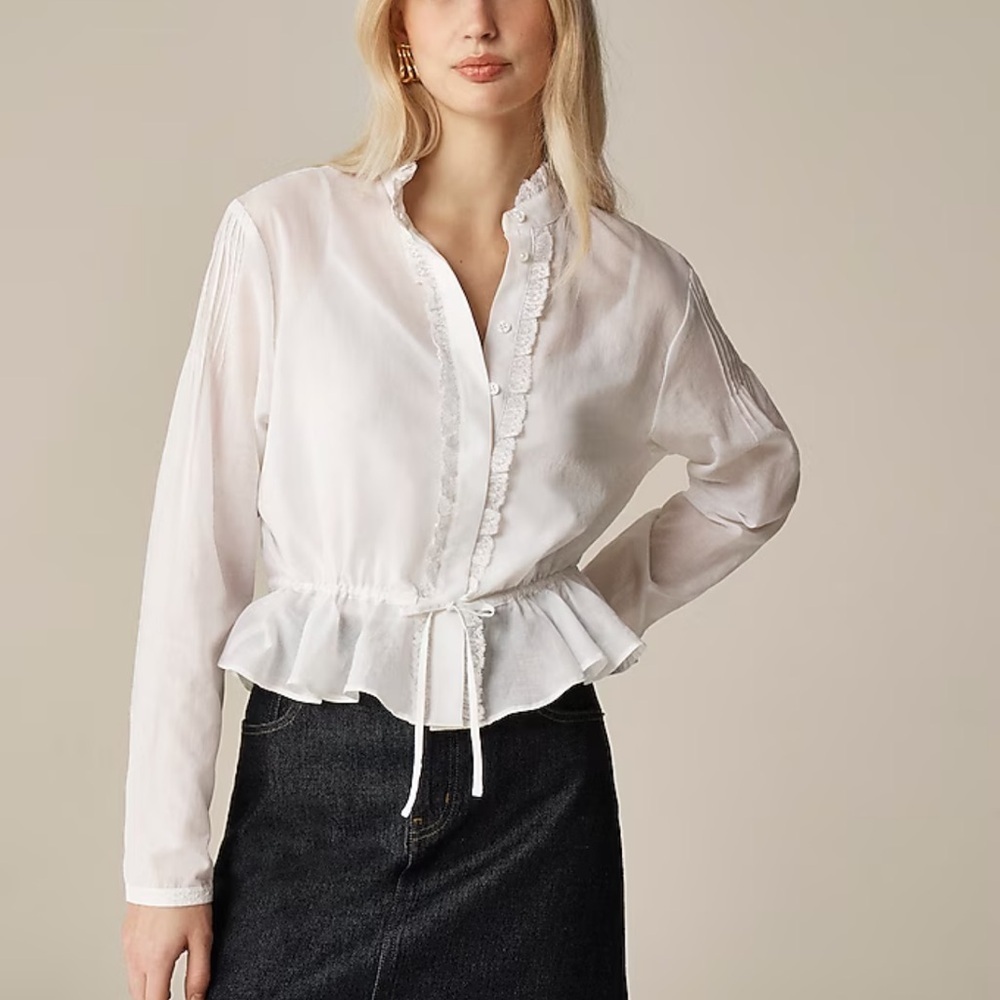 J. Crew Lace-trim cinched-waist top in cotton voile White S